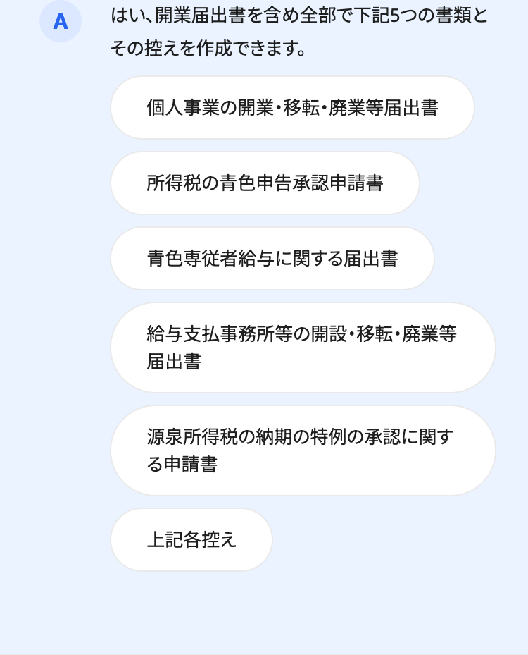 はい、開業届出書を含め全部で下記5つの書類と
その控えを作成できます。