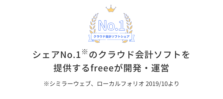 No.1
クラウド会計ソフトシェア
シェアNo.1のクラウド会計ソフトを
提供するfreeeが開発・運営
※シミラーウェブ、ローカルフォリオ 2019/10より