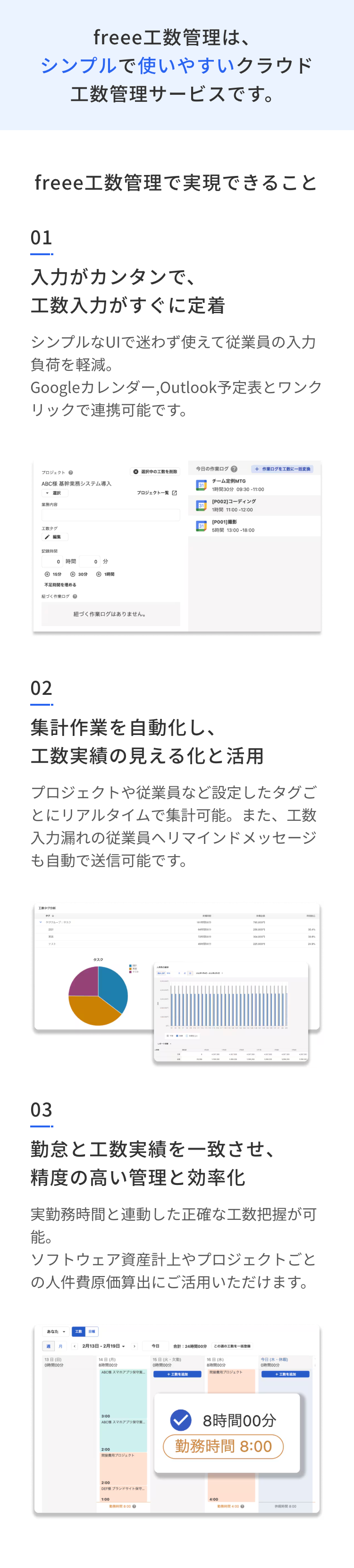 freee 工数管理は、
シンプルで使いやすいクラウド
工数管理サービスです。