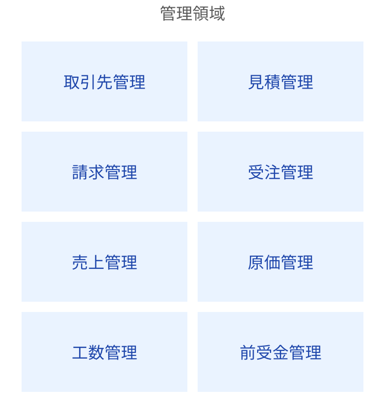 管理領域
取引先管理
見積管理
請求管理
受注管理
売上管理
原価管理
工管理
前受金管理