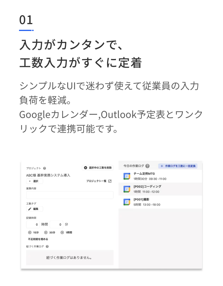 01
入力がカンタンで、
工数入力がすぐに定着